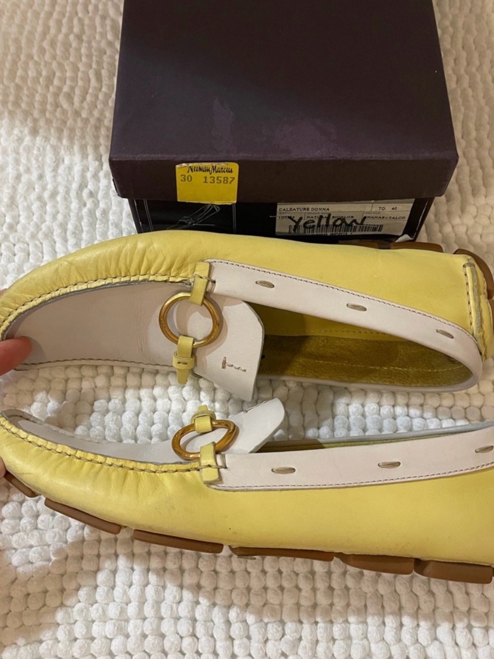 Prada Yellow and White Leather Horsebit Loafers - Picture 3 of 7